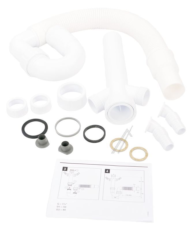 2820 Sifone lavello PP 1   con tubo flessibile e due raccordi per elettrodomestici Beko