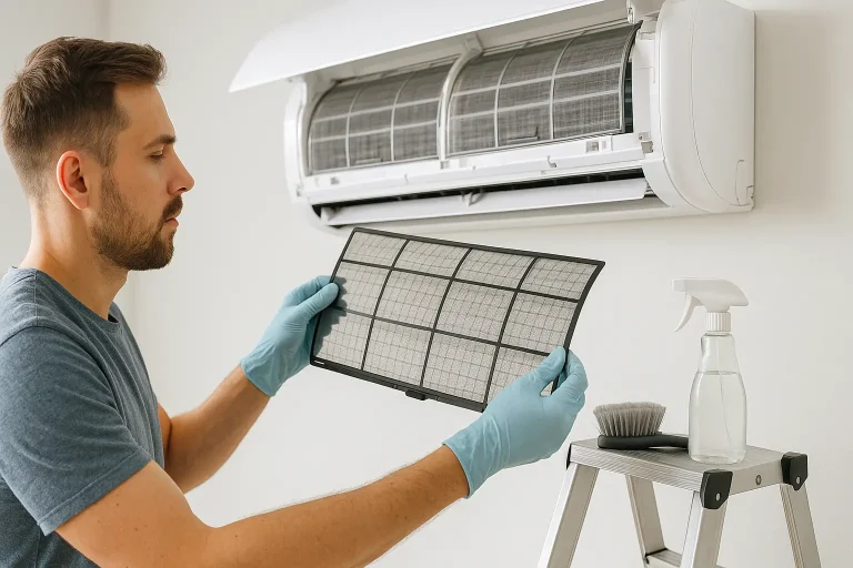 uomo che sta pulendo il filtro del condizionatore